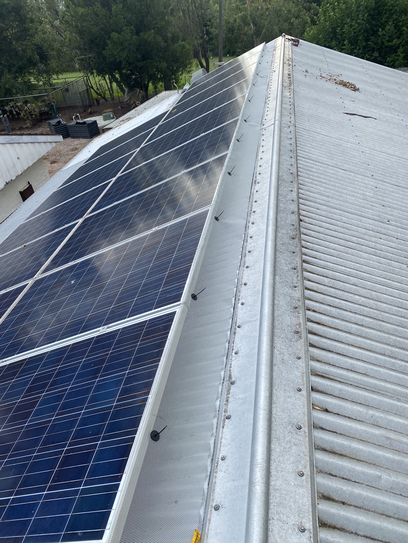 Gutter guard mesh fitted along a roofline next to rooftop solar panels