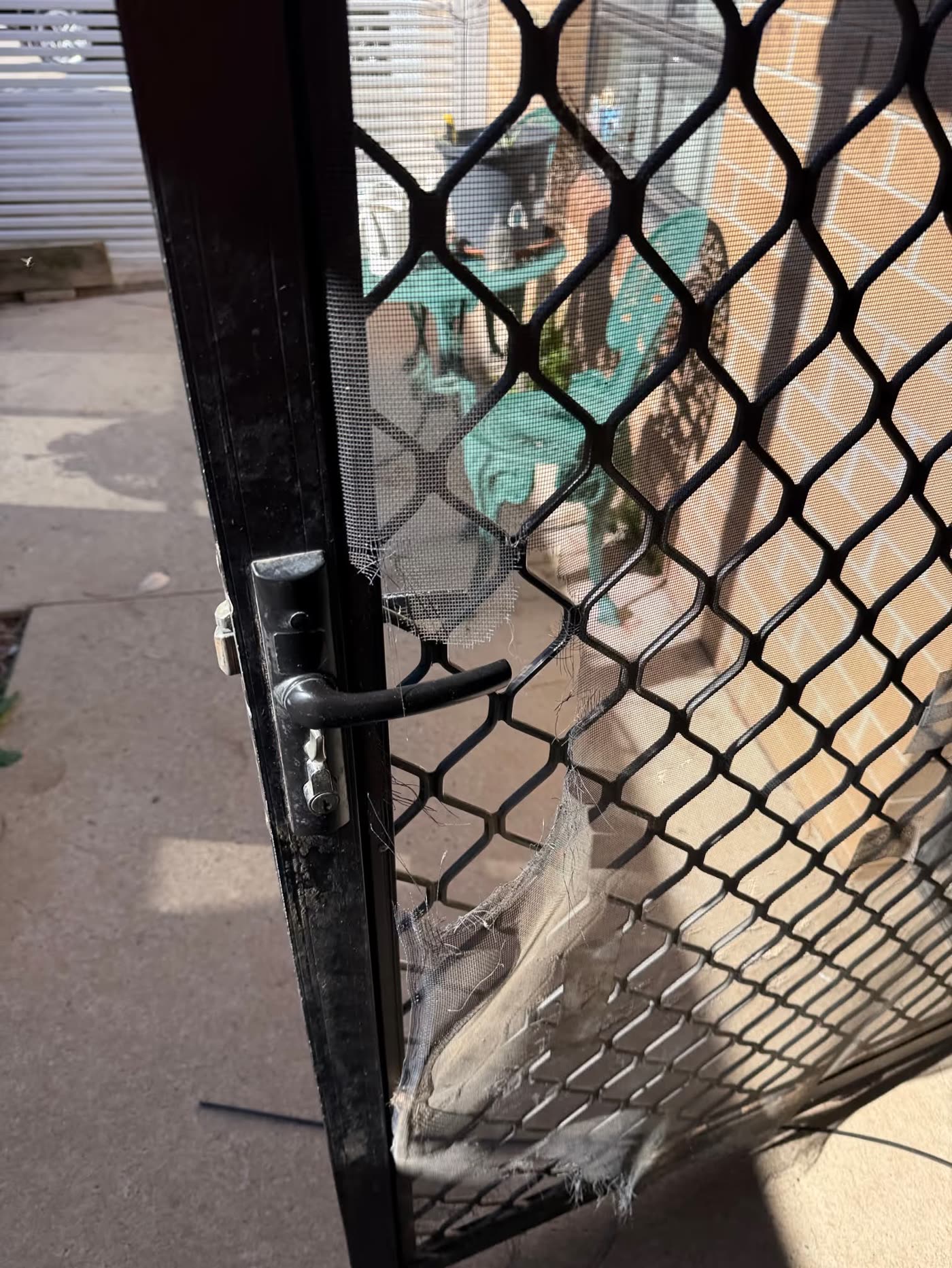 A damaged security screen door