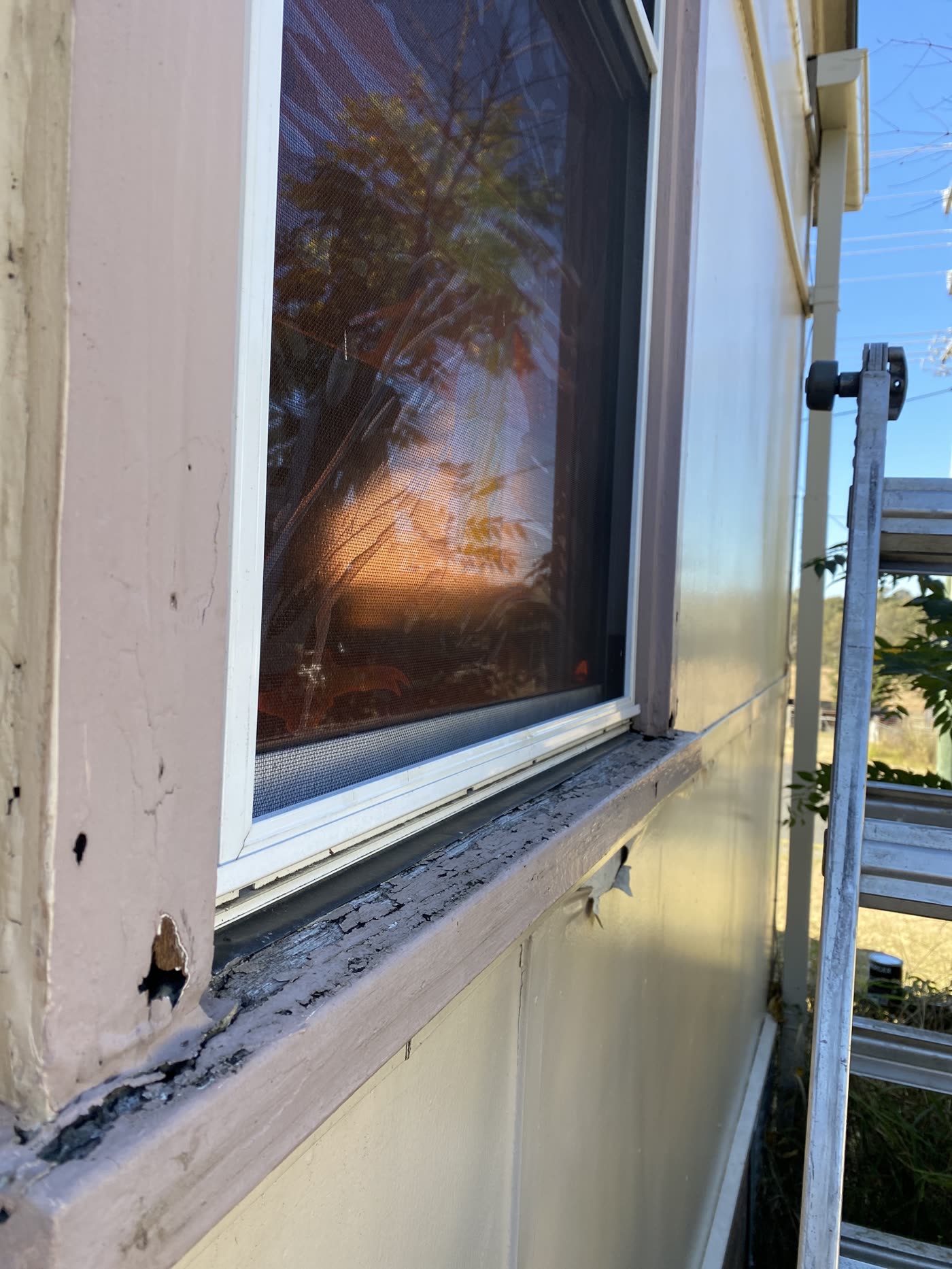 A damaged window frame